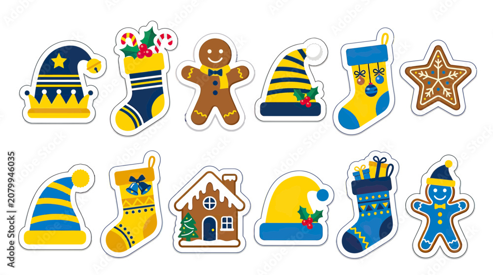 Naklejka premium Christmas Stickers: Santa Hats, Stockings, Gingerbread House & Cookies