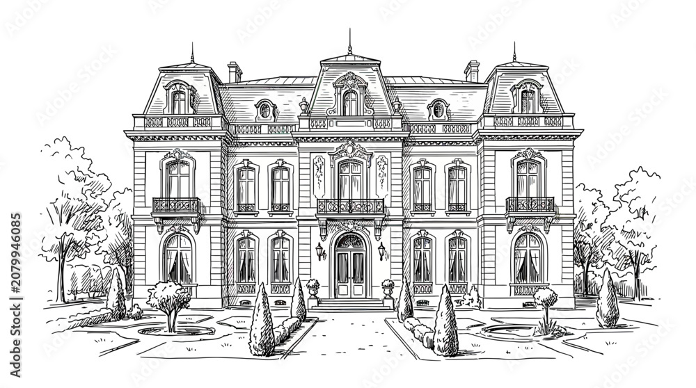 Obraz premium Elegant Mansion Facade Sketch, Classic Architecture, Grand Estate Drawing