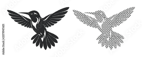 Elegant hummingbird vector illustration, two distinct black and white flying bird designs, detailed silhouette and halftone pattern, ideal for branding, logos, and nature-themed graphics