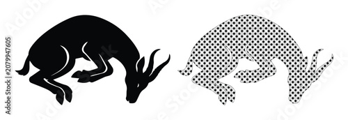 Stylized black gazelle vector illustration, two versions, solid and halftone pattern, elegant antelope silhouette for branding and design projects