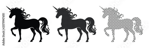 Mythical Unicorn Silhouettes, a Set of Three Black and Patterned Fantasy Creatures, Magical Horse Vector Illustrations for Enchanting Designs