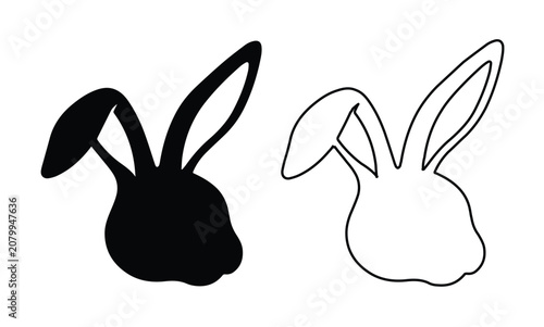 Minimalist bunny head vector silhouette and outline, a simple black and white rabbit illustration for Easter designs, animal graphics, and spring projects