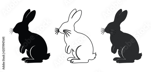 Minimalist rabbit vector set, three distinct bunny silhouettes in black and white, perfect for Easter, spring, or pet-themed designs.