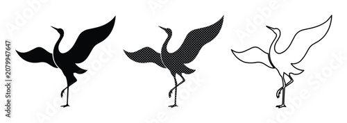 Elegant crane bird vector set, graceful flying crane silhouette and outline, minimalist black and white animal illustration for branding and design