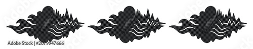 Abstract black smoke cloud vector set, three stylized dark gray air pollution elements, modern graphic design assets for environmental themes