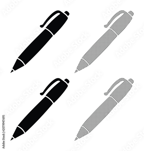 Black and white pen vector icon set, essential writing tool illustrations, modern office supply graphics for education and business design.