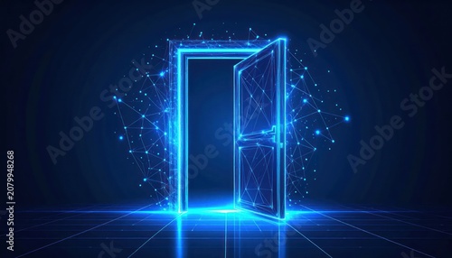 Futuristic digital door glowing bright blue opening into a virtual network space with a luminous grid floor