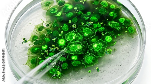 Glowing green cells being studied in a petri dish with a pipette