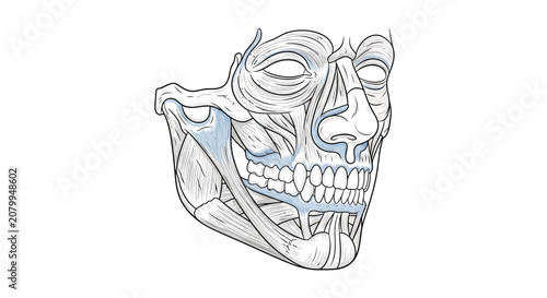 Anatomical illustration of human facial muscles and jaw structure showing teeth and skull anatomy.