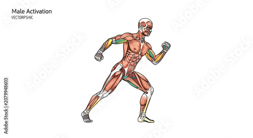 Anatomical illustration of male muscular system in dynamic running pose showing muscle activation.