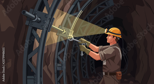 Illustration of a miner working underground in a dark tunnel tightening bolts on a metal support structure.