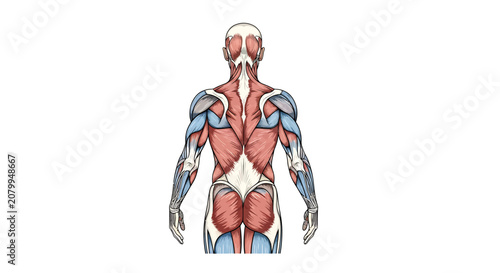 Anatomical illustration of the human muscular system showing posterior muscles of the back and shoulders.