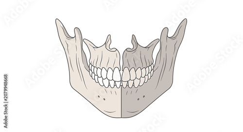 Anatomical illustration of the human jaw bone showing mandible maxilla and teeth structure.