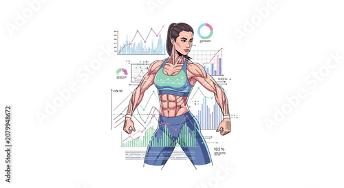 Illustration of a muscular athletic woman with fitness data charts and graphs in the background.