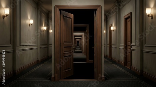 Infinite sequence of open wooden doors in a mysterious hallway