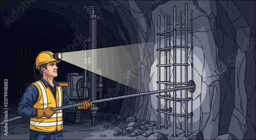 Illustration of a miner working underground in a dark tunnel with a headlamp and safety gear.