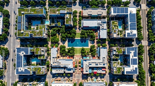 Aerial view of sustainable modern apartment complex with solar panels