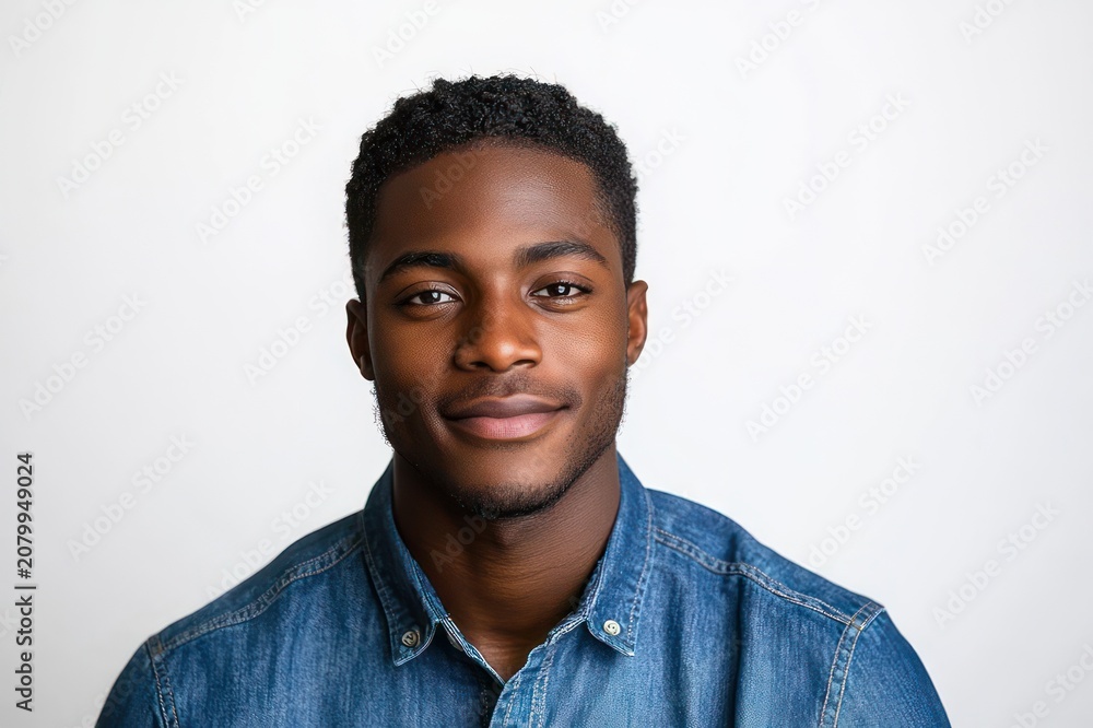 Obraz premium Head-and-shoulders portrait of a person with a blurred face, short curly hair, wearing a blue denim shirt against a plain white background, expression unreadable