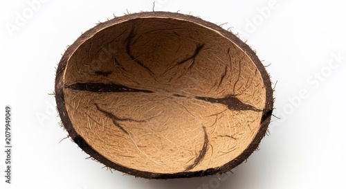 Empty organic coconut shell bowl isolated on white background.