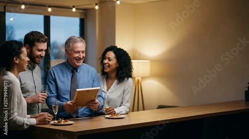 Multigenerational colleagues celebrating an award in office lounge
