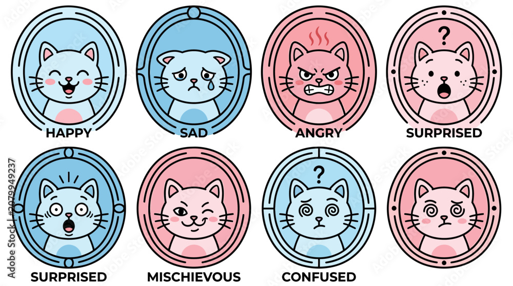 Obraz premium Cute Cat Emotions Collection: Happy, Sad, Angry, Surprised, Mischievous, Confused