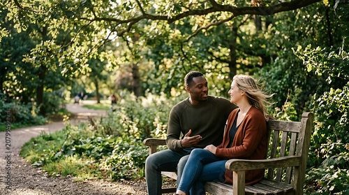 Diverse couple chatting on a wooden bench in a sunny park