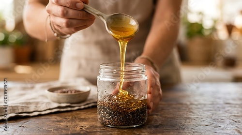 Golden honey pouring from a spoon into a jar of healthy seeds