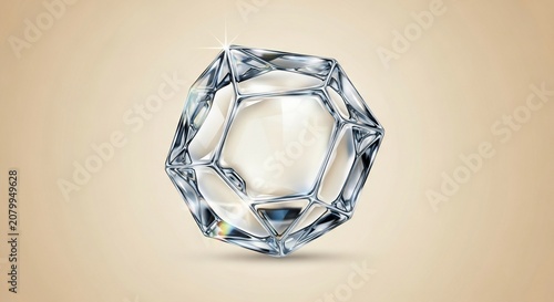 Abstract crystalline sphere with geometric facets on a beige background.
