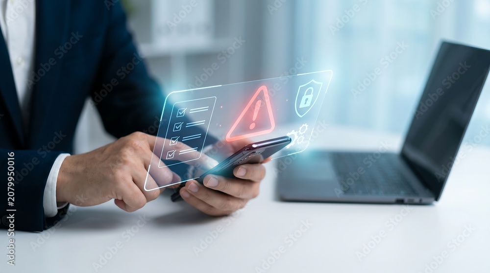 Fototapeta premium Business executive using smartphone to check cybersecurity checklist with warning alert icon and data protection shield in digital office space for corporate network safety monitoring