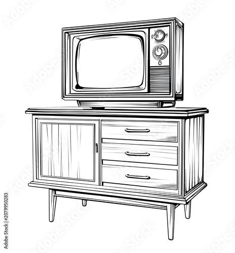 Old television on top of a wooden tv stand coloring page.