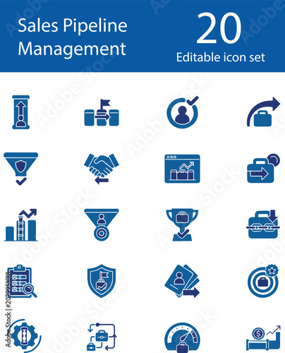 Sales Pipeline Management Filled Icons Set, CRM Sales Funnel SaaS Vector Collection