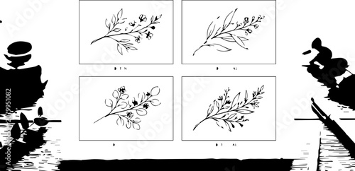 Botanical illustrations of various leafy branches