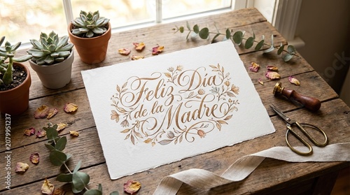 Elegant Feliz Día de la Madre Floral Greeting Card on Rustic Wooden Desk Flat Lay with Pink Roses and Modern Aesthetic Decor