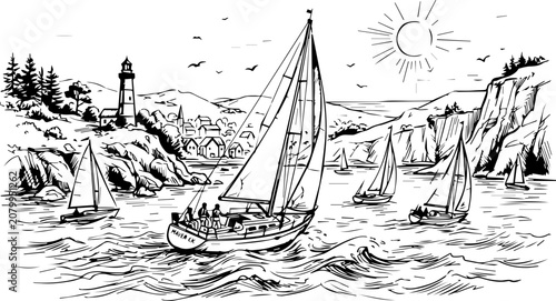 Sailing boats navigate calm waters near a scenic lighthouse on a sunny day