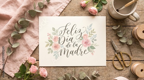 Elegant Feliz Día de la Madre Floral Greeting Card on Rustic Wooden Desk Flat Lay with Pink Roses and Modern Aesthetic Decor