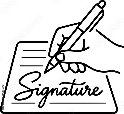 Signing document, hand with pen, contract signature, line art illustration, business agreement