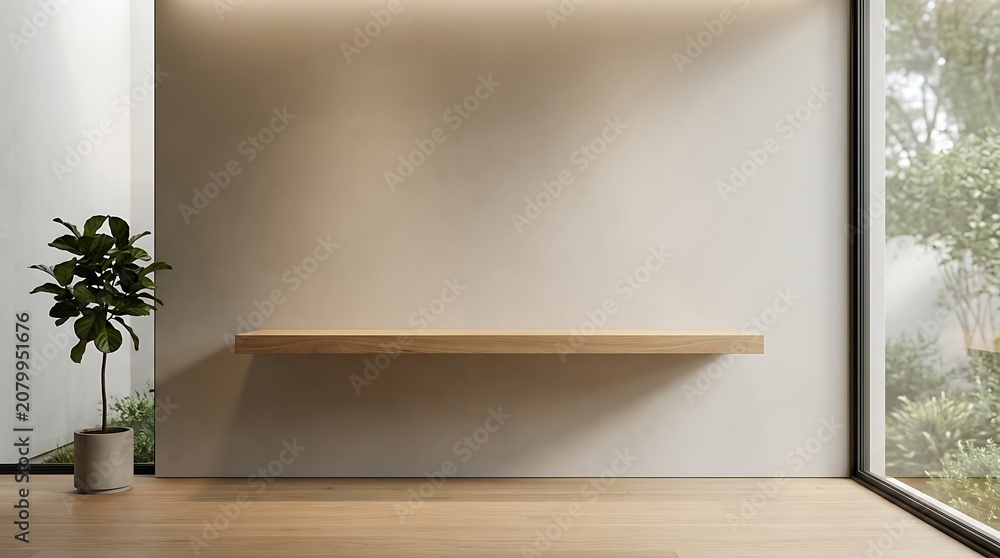Fototapeta premium Modern Minimalist Wooden Shelf on Beige Wall Background for Product Display with Plant and Interior View