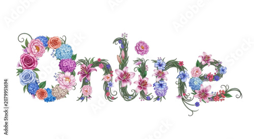 Floral Typography Illustration of Word Online with Colorful Hand-Drawn Flowers and Leaves on White Background