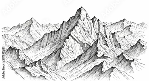 Minimalist line art illustration of a majestic mountain range with detailed peaks and ridges