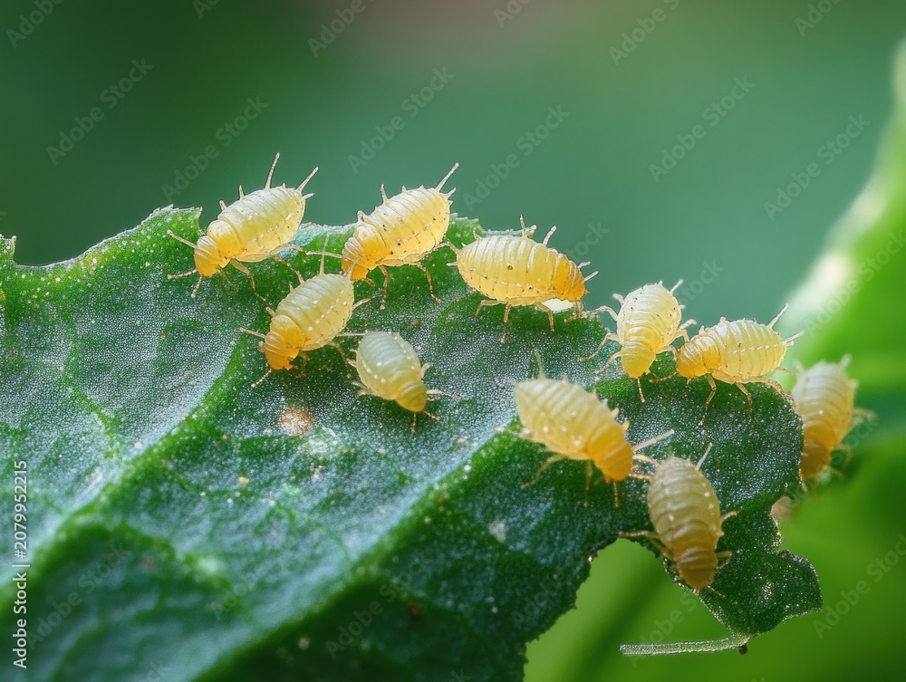 Fototapeta premium Close-up of translucent yellow aphids clustered along the edge of a green leaf, feeding on sap and creating an alarming infestation