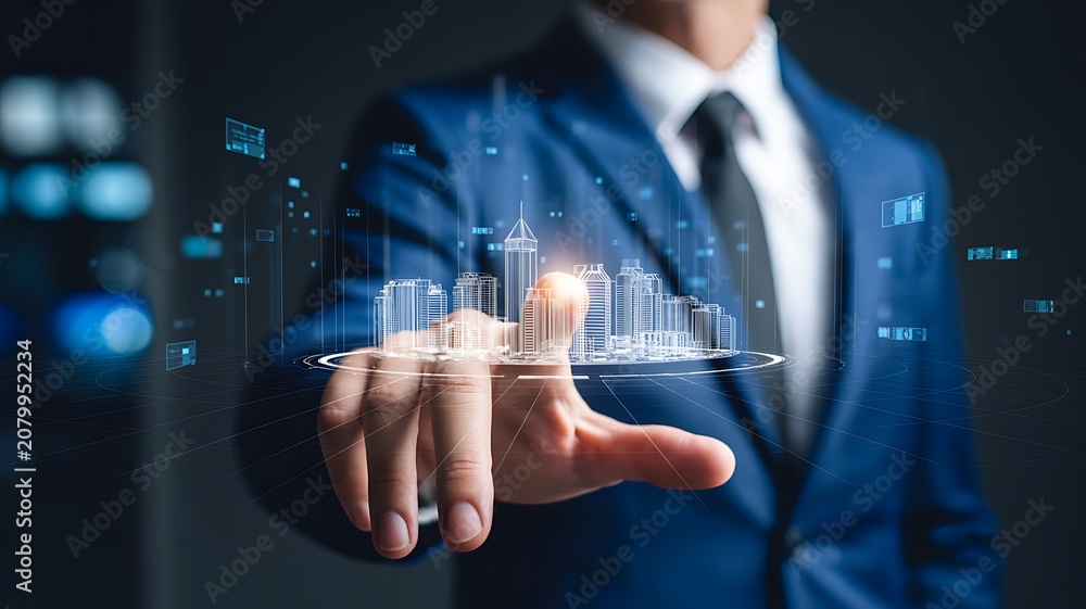 Fototapeta premium Businessman presents futuristic cityscape on hand with technology