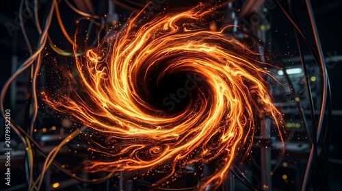 Glowing fiery energy vortex swirling in a futuristic laboratory
