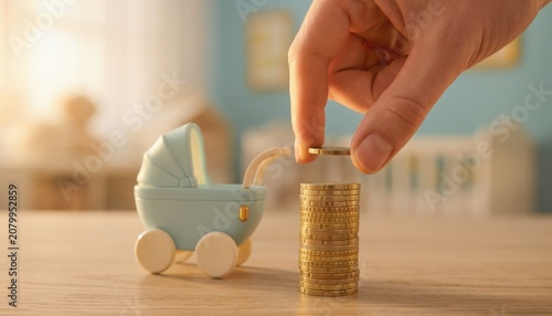 Hand placing a coin on a stack beside a toy baby stroller in a warm home setting