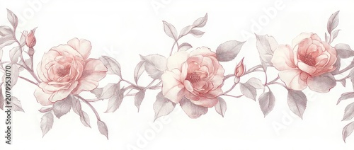 Three soft pastel roses with buds and trailing leafy stems in muted pink and gray-green tones, delicate romantic botanical border evoking calm vintage elegance