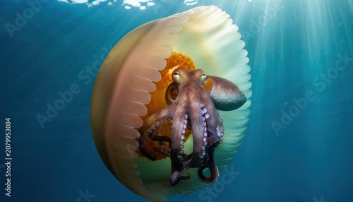 Octopus Emerging from Jellyfish in Sunlit Underwater Fantasy Scene