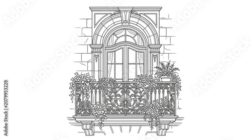 Quadro su tela Ornate Balcony Drawing with Window and Plants, Architectural Sketch