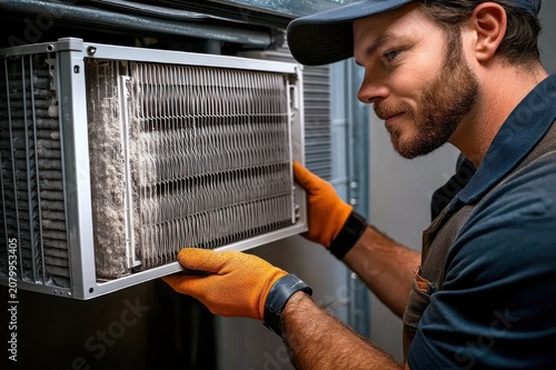Concentrated technician in orange gloves inspecting and removing a dusty HVAC air filter from a metal air handler, careful maintenance and repair work