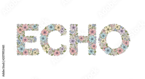 Word ECHO illustrated with pastel hand-drawn flowers and leaves on a white background