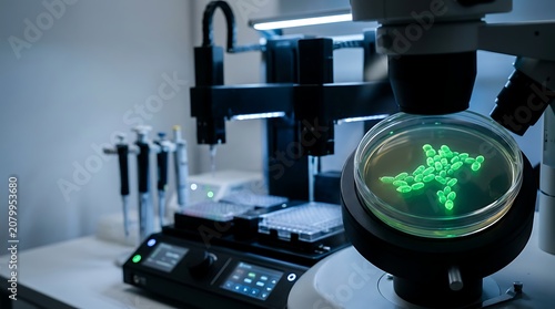 High tech laboratory microscope examining fluorescent green bacteria