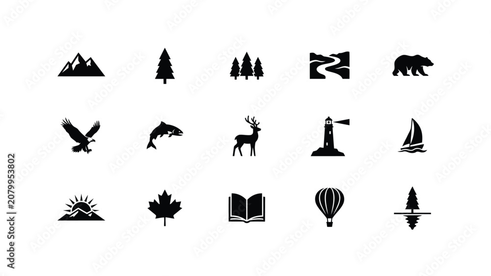 Fototapeta premium Minimalist black and white vector iconset showcasing nature adventure